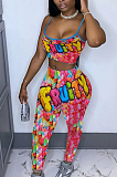 Sporty Sexy Polyester Printed Cold Shoulder Crop Top Long Pants Sets SDD9324