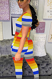 Casual Scoop Neck Short Sleeve Striped Bodycon Jumpsuit