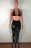 Sexy Candy Eye Pattern Embroidery Sleeveless Crop Top Long Pants Sets QZ6112