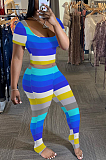 Casual Scoop Neck Short Sleeve Striped Bodycon Jumpsuit