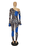 Leopard  Sexy Long Sleeve Asymmertrical Neck Bodycon Jumpsuit