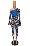 Leopard  Sexy Long Sleeve Asymmertrical Neck Bodycon Jumpsuit