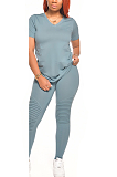 Casual Basics Pure Color Sporty V Neck Short Sleeve Pants Sets