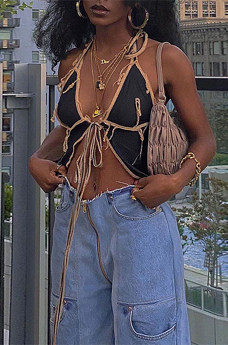Sexy Modest Boho Deep V Neck knotted Strap Crop Top