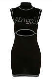 Sexy Spliced Hollow Out Sleeveless High Neck Letter Sequins Mini Dress