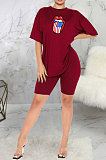 Casual Mouth Graphic Short Sleeve Round Neck Tee Top Shorts Sets SMR9689