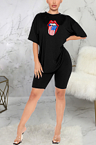 Casual Mouth Graphic Short Sleeve Round Neck Tee Top Shorts Sets SMR9689