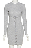 Sexy Sporty Simplee High Neck Long Sleeve knotted Strap Spliced Mini Dress
