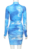Casual Modest Simplee Long Sleeve High Neck Tie Dye Bodycon Dress