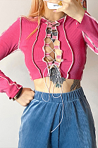 Sexy Pure Color Long Sleeve Self Belted Spliced Crop Tops
