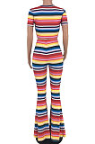 Casual Polyester Striped Short Sleeve Round Neck Tee Jumpsuit SM9027