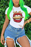 Casual Polyester Mouth Graphic Short Sleeve Round Neck Tee Top AMM8237