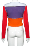 Cute Sexy Colorblock Round Neck Long Sleeve Utility Blouse