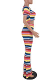 Casual Polyester Striped Short Sleeve Round Neck Tee Jumpsuit SM9027