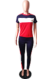 Casual Simplee Sporty Round Neck Contrast Panel Short Sleeve Pants Sets