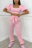 Casual Sporty Pure Color puff sleeve Square Neck High Waist Pants Sets