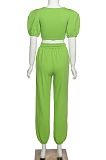 Casual Sporty Pure Color puff sleeve Square Neck High Waist Pants Sets