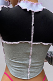 Cute Casual Modest Long Sleeve High Neck Flounce Contrast Panel Crop Tops