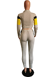 Casual Sporty Spliced Stand Collar Long Sleeve Elastic Waist Pants Sets