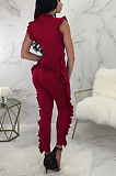 Cute Casual Pure Color Stand Collar Short Sleeve Flounce Bodycon Jumpsuits