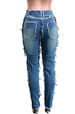 Casual Polyester Mid Waist Long Pants Jeans SN3873