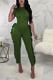 Cute Casual Pure Color Stand Collar Short Sleeve Flounce Bodycon Jumpsuits