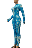 Casual Sexy Polyester Tie Dye Zipper Front Long Sleeve Bodycon Jumpsuit CM774(Finger Sleeve Detachable)