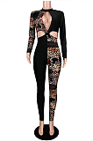 Night Out Spliced Hollow Out Leopard Long Sleeve Bodycon Jumpsuits