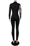 Night Out Spliced Hollow Out Leopard Long Sleeve Bodycon Jumpsuits