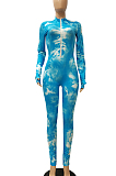 Casual Sexy Polyester Tie Dye Zipper Front Long Sleeve Bodycon Jumpsuit CM774(Finger Sleeve Detachable)