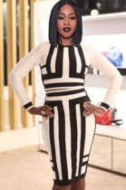 Elegant Polyester Striped Long Sleeve Bodycon Skirt KY3011