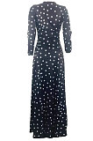 Polyester Polka Dot Long Sleeve V Neck Mid Waist Long Dress KSN5067