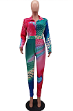 Casual Long Sleeve Stand Collar Geometric Graphic Bodycon Jumpsuit