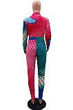 Casual Long Sleeve Stand Collar Geometric Graphic Bodycon Jumpsuit