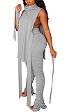 Casual Shirred Detail Knotted Strap High Neck Pants Sets