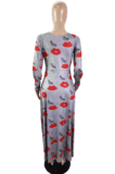 Sexy Polyester Mouth Graphic Extra-Long Sleeve Round Neck Long Dress BDF8019