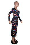 Casual Deep V Neck Long Sleeve Pop Art Print Long Dress AA5194