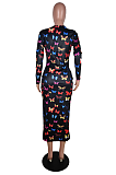 Casual Deep V Neck Long Sleeve Pop Art Print Long Dress AA5194