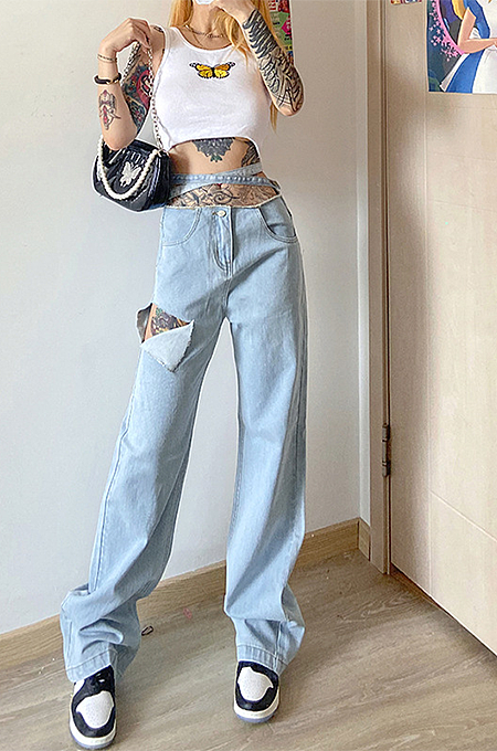 High-waisted lace-up jeans are ripped and loose, slimming straight leg jeans