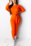 Casual Basics Pure Color Batwing Sleeve Waist Tie Bodycon Jumpsuit AA5191