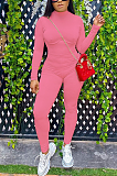 Casual Pure Color High Neck Long Sleeve Spliced Bodycon Jumpsuits