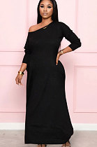 Black Autumn Oblique Shoulder Long Dress For Daily Wear YLY887