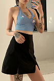 V-neck hanging neck tie with bare back embroidery trim body crop navel small vest