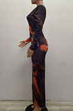 Casual Polyester Tie Dye Long Sleeve Round Neck Mid Waist Long Dress YS411