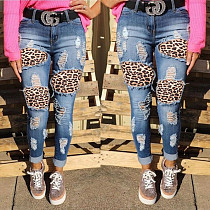 Casual Cotton Leopard Spliced Mid Waist Long Pants Jeans WE8135