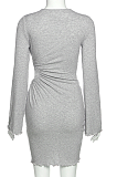 Aural side long sleeve round collar personalized hollow-out wrap buttock slim dress