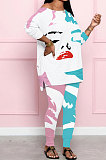 Casual Polyester Mouth Graphic Round Neck Tee Jumpsuit HT6036