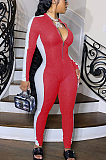 Casual Basics Contrast Panel Long Sleeve Round Neck Bodycon Jumpsuits AA5193
