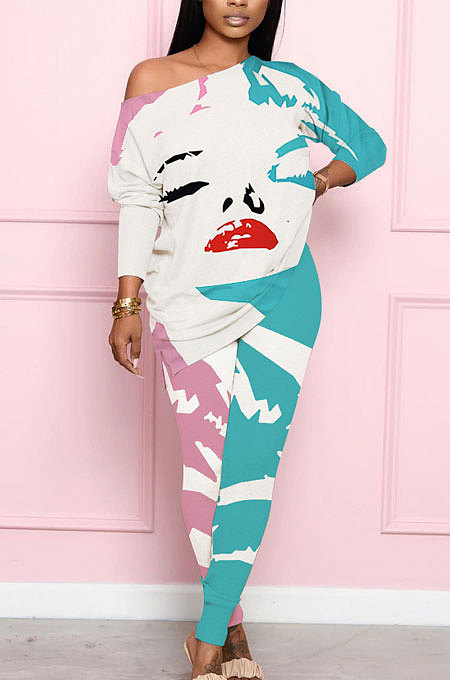 Casual Polyester Mouth Graphic Round Neck Tee Jumpsuit HT6036