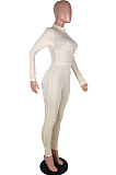 Casual Pure Color High Neck Long Sleeve Spliced Bodycon Jumpsuits